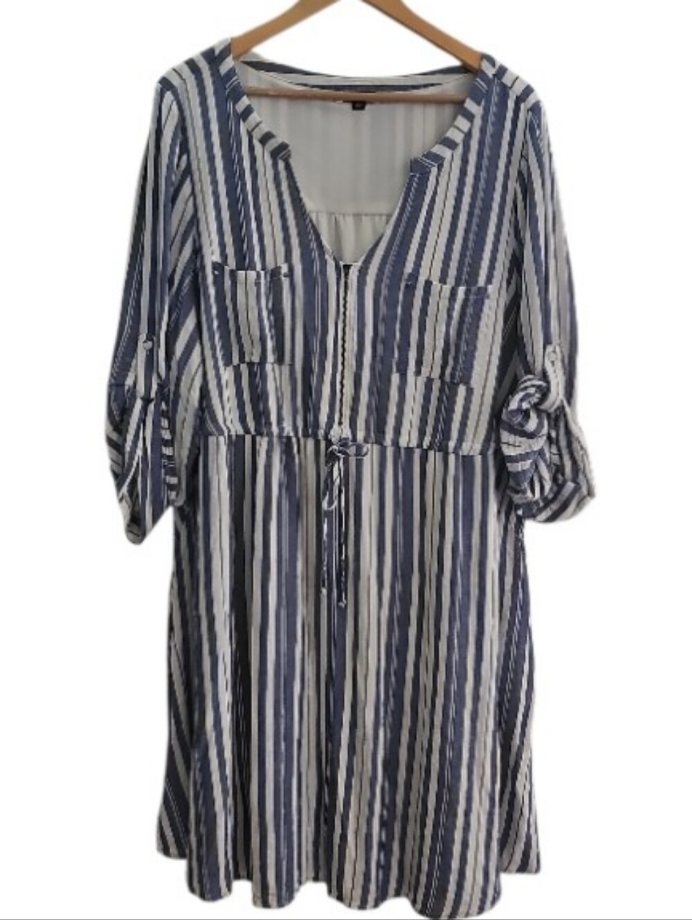 Torrid Striped Rayon Dress Plus Size 3 Blue White Tie Waist Pockets Coastal